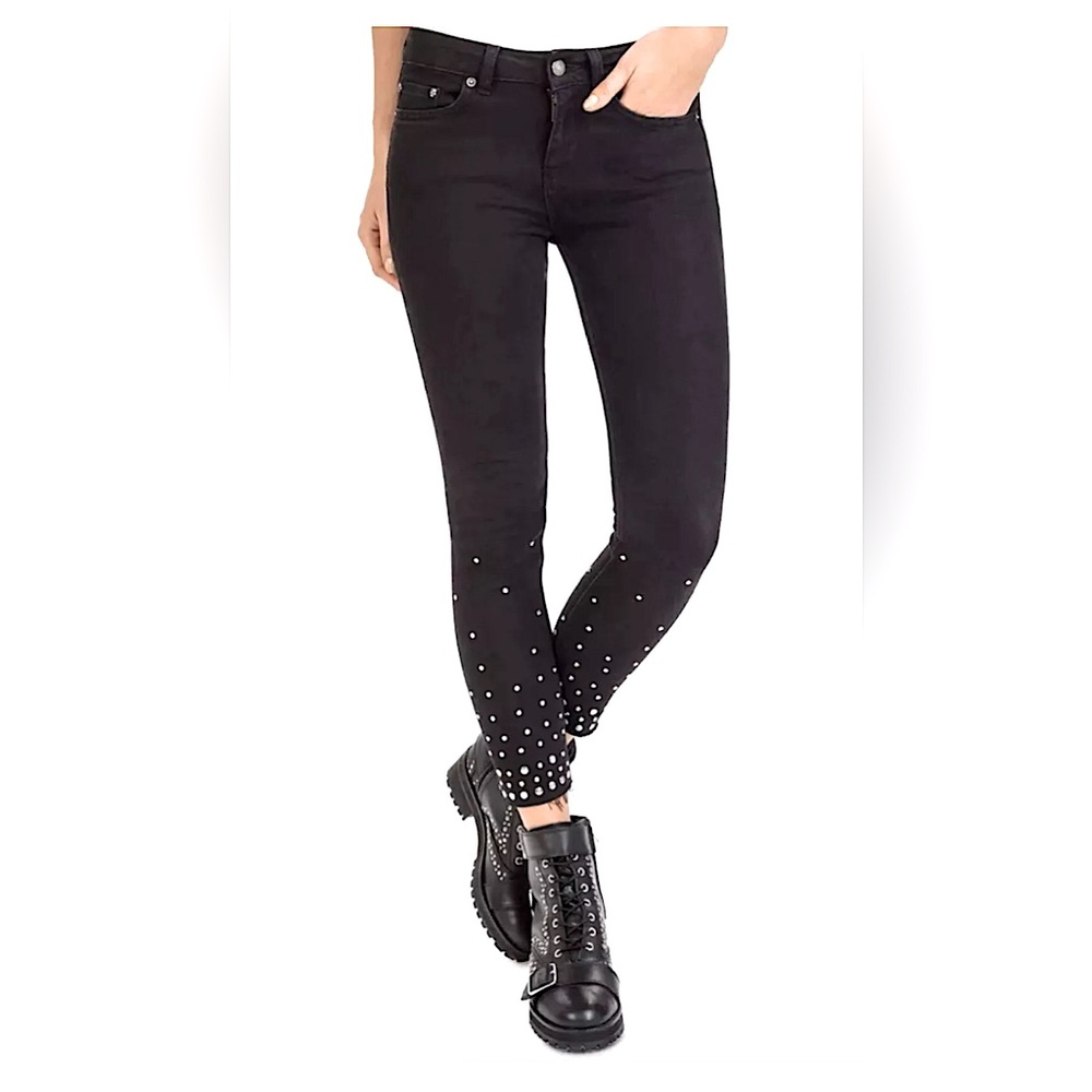 NWT! THE KOOPLES FADED BLACK WASHED JIMMY DESTROY JEANS Sz 25 Metal Ankle Studs